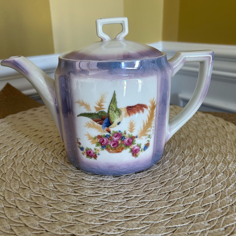 German Lusterware Iridescent  Antique Teapot, G.E., Germany Hand Painted Bird
